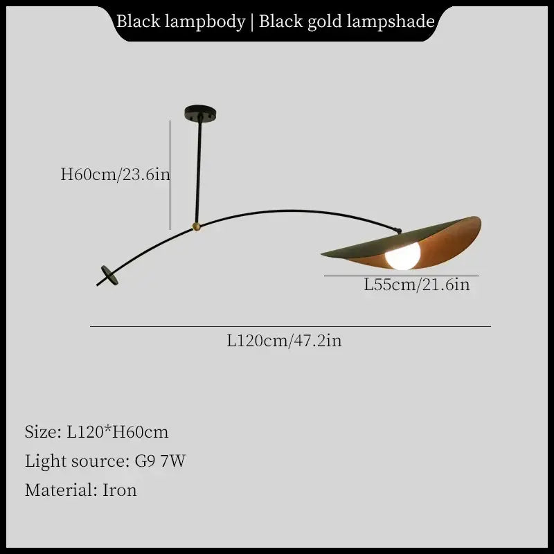 Black iron decorbites led pendant light with sleek curved arm and black gold leaf-shaped shade for modern decor