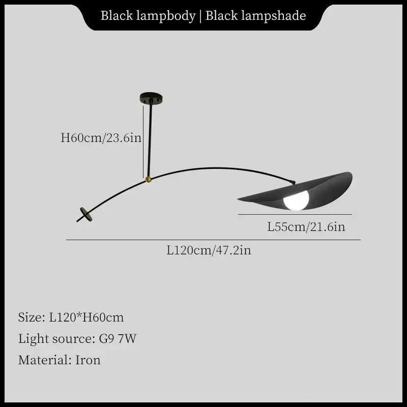 Black iron decorbites led pendant light with curved arm and modern disc-shaped lampshade for home decor lighting