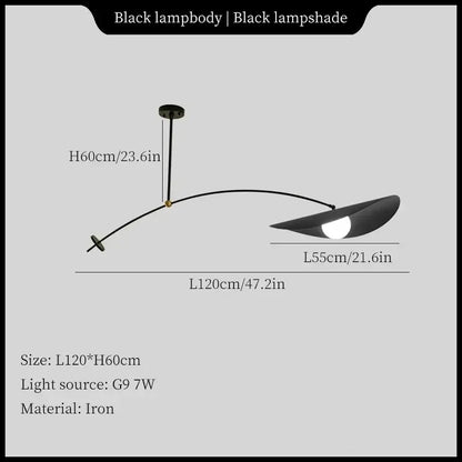 Black iron decorbites led pendant light with curved arm and modern disc-shaped lampshade for home decor lighting