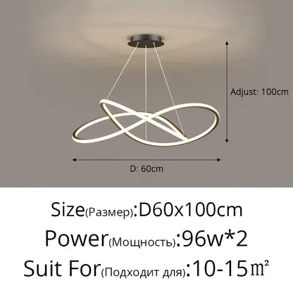 Modern minimalist decorbites led pendant lights with two interlocking white illuminated rings and dark metal mount for indoor use