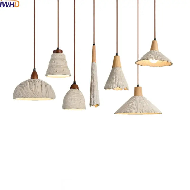 Set of six decorbites led pendant lights with off-white ceramic shades and natural wood accents for modern decor