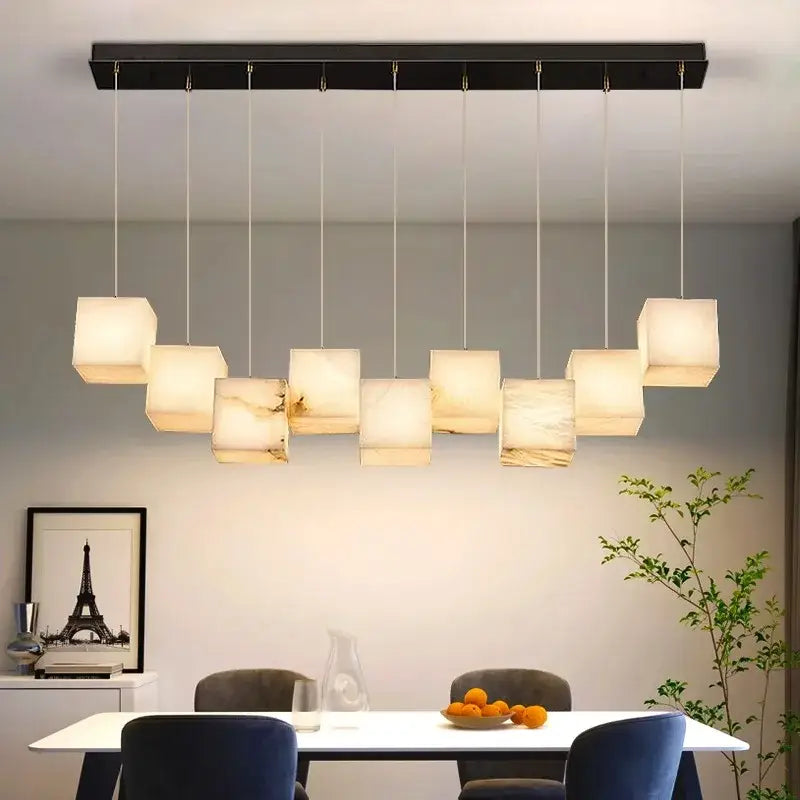 Modern black rectangular decorbites led pendant lights with nine alabaster-like square lanterns for indoor lighting