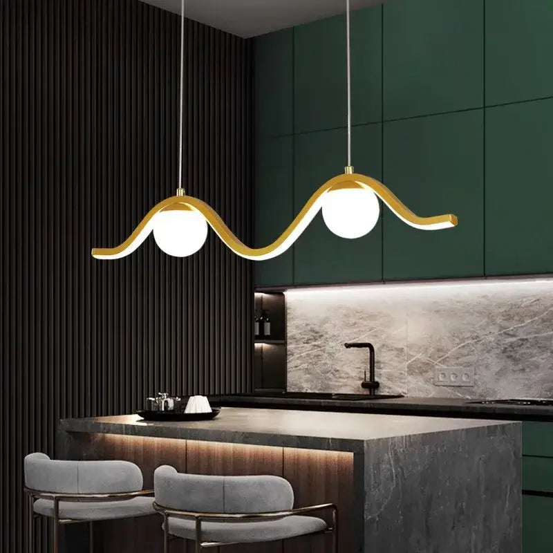 Gold-toned wave-shaped pendant light with two white spherical bulbs from decorbites led pendant lights for indoor use