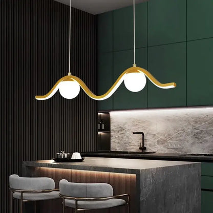 Gold-toned wave-shaped pendant light with two white spherical bulbs from decorbites led pendant lights for indoor use