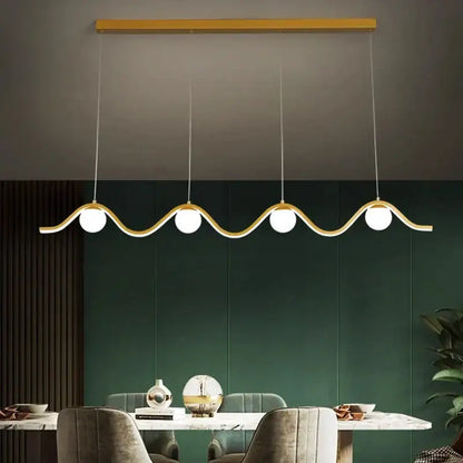 Modern gold-toned decorbites led pendant lights with sleek wavy design and four spherical bulbs for indoor lighting