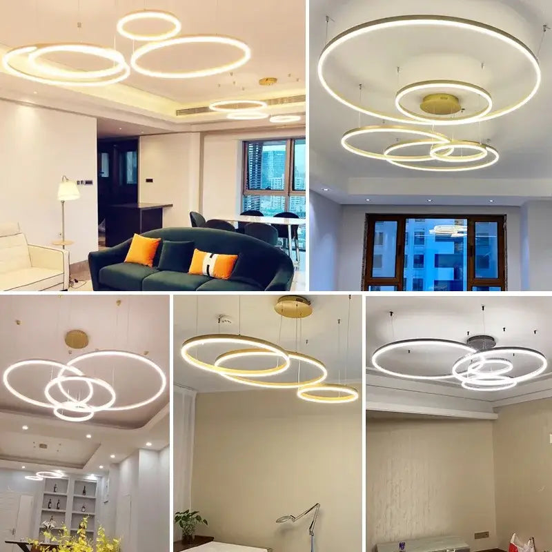 Modern circular decorbites led pendant lights with warm white concentric rings and sleek metallic finish for dining