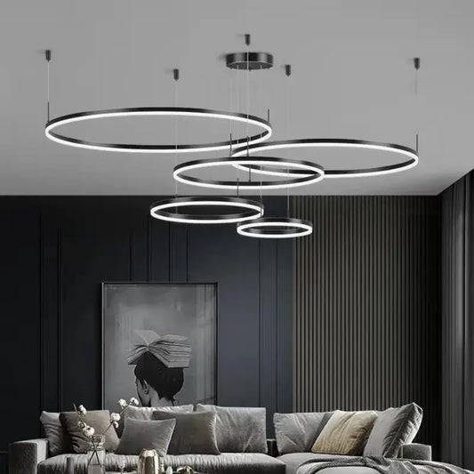 Modern black circular led pendant lights with glowing white rings from DecorBites led pendant for kitchen decor