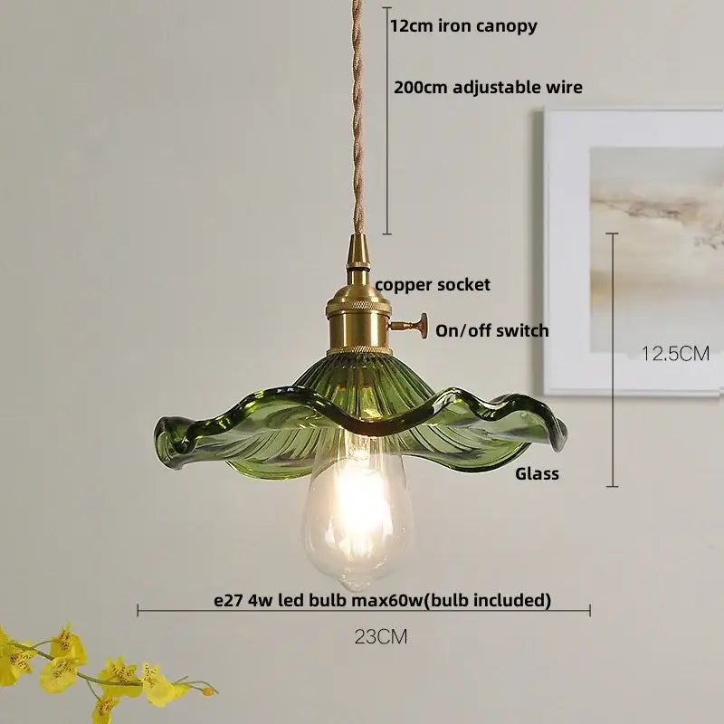 Decorbites led pendant with green glass leaf-shaped shade copper socket and adjustable wire suspension nordic modern design