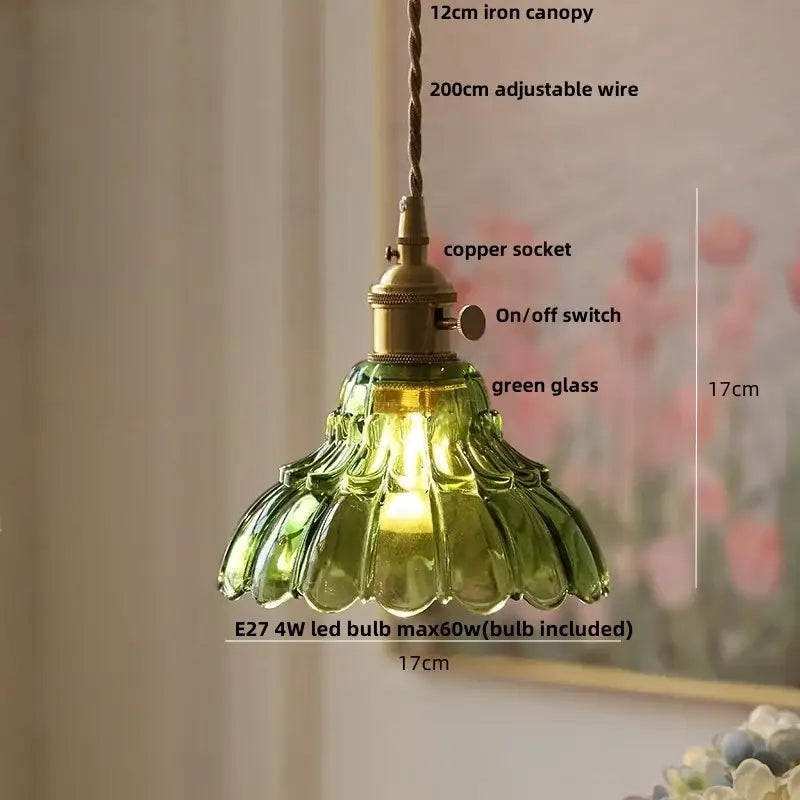 Vintage-style decorbites led pendant light with green scalloped glass shade and brass copper socket, adjustable wire suspension