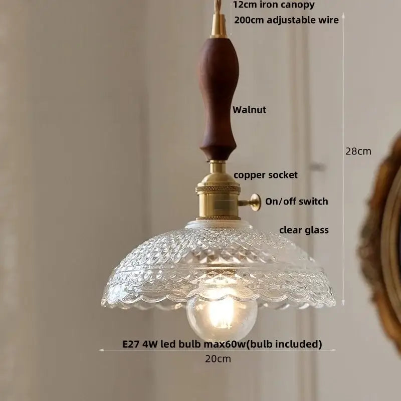 Vintage-style decorbites led pendant light with walnut wood canopy brass hardware and clear patterned glass shade