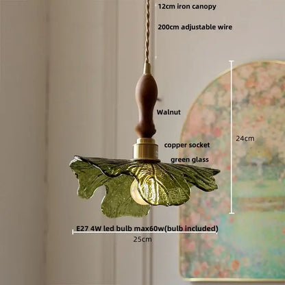 Decorbites led pendant light with green glass leaf design copper socket and walnut wood handle in nordic modern style