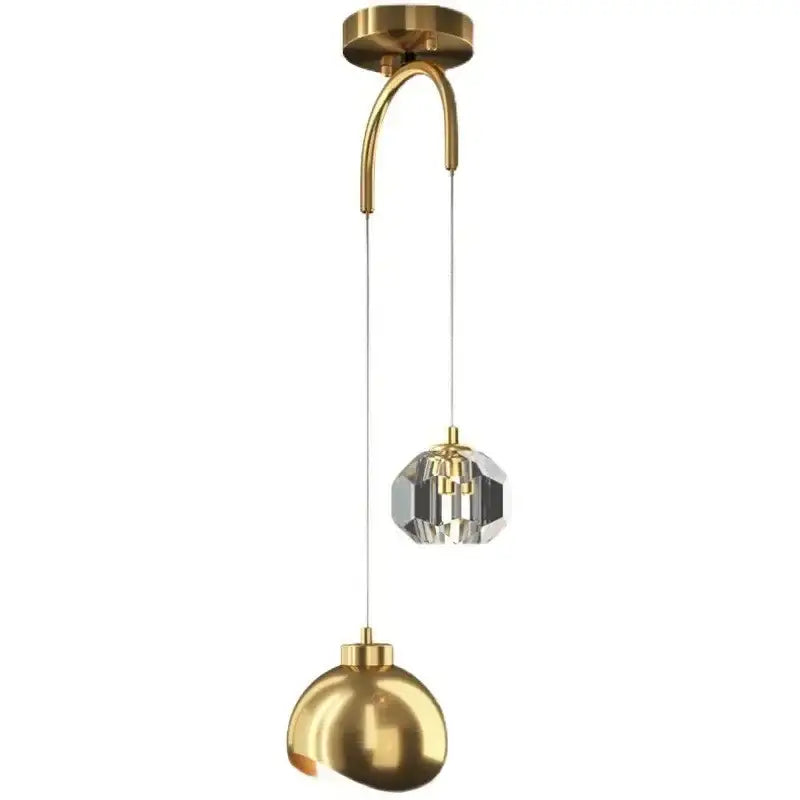 Modern brass decorbites led pendant light with faceted crystal globe and polished gold dome shade for luxury decor