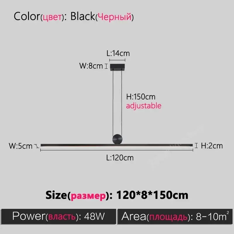 Black modern chandelier DecorBites LED pendant light with sleek aluminum rectangular shade and adjustable length for office