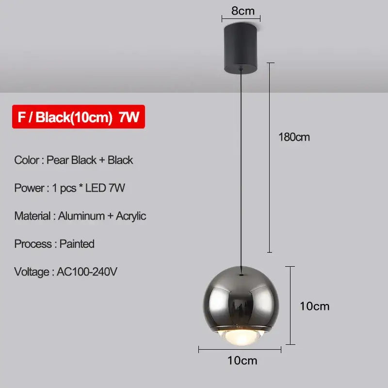 A sleek spherical decorbites led pendant light in pear black and black aluminum and acrylic for modern interiors