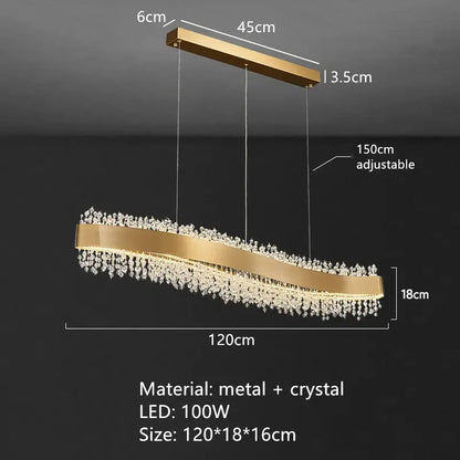 Gold-toned modern decorbites led pendant light with curved metal frame and cascading crystals for bedroom and bar