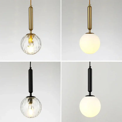Modern spherical pendant lights with brass or black fixtures and textured or frosted glass shades for dining room by DecorBites LED pendant lights