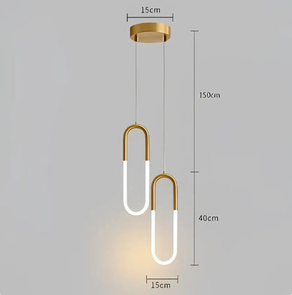 Gold-toned DecorBites LED pendant light with two curved u-shaped arms and frosted acrylic diffusers for indoor use