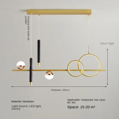 Modern gold and black geometric decorbites led pendant lights with circular rings and spheres for kitchen dining office