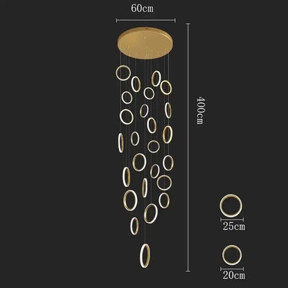 Gold-toned circular decorbites led pendant lights with varying ring sizes suspended from 60cm ceiling mount
