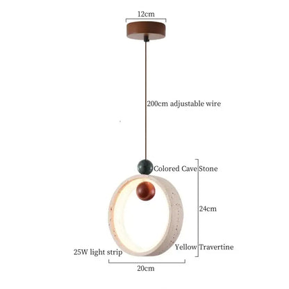 Decorbites led pendant lights with circular yellow travertine frame and led strip lighting for modern living spaces