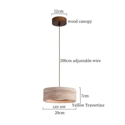 Yellow travertine cylindrical decorbites led pendant light with wooden canopy and adjustable wire for modern interiors
