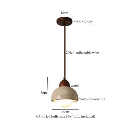 Decorbites led pendant lights with warm wood canopy and yellow travertine shade for living room and kitchen use