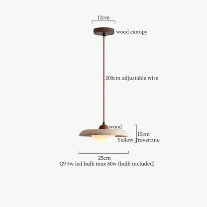 Decorbites led pendant lights with warm wood canopy, adjustable bronze wire, and yellow travertine shade for modern spaces