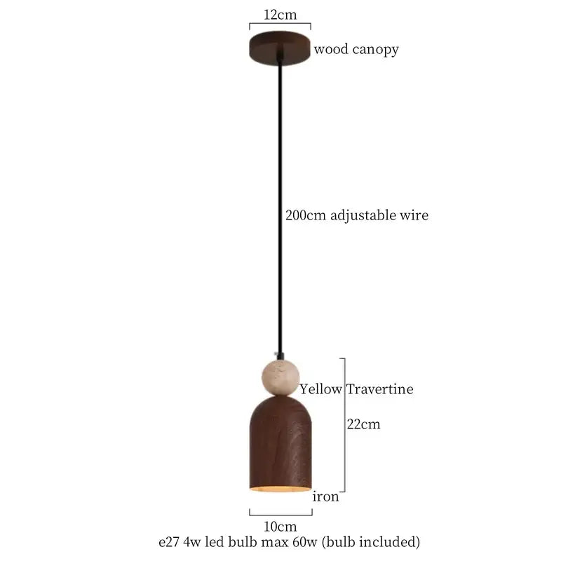 Brown iron decorbites led pendant light with yellow travertine accent and wooden canopy for modern interiors