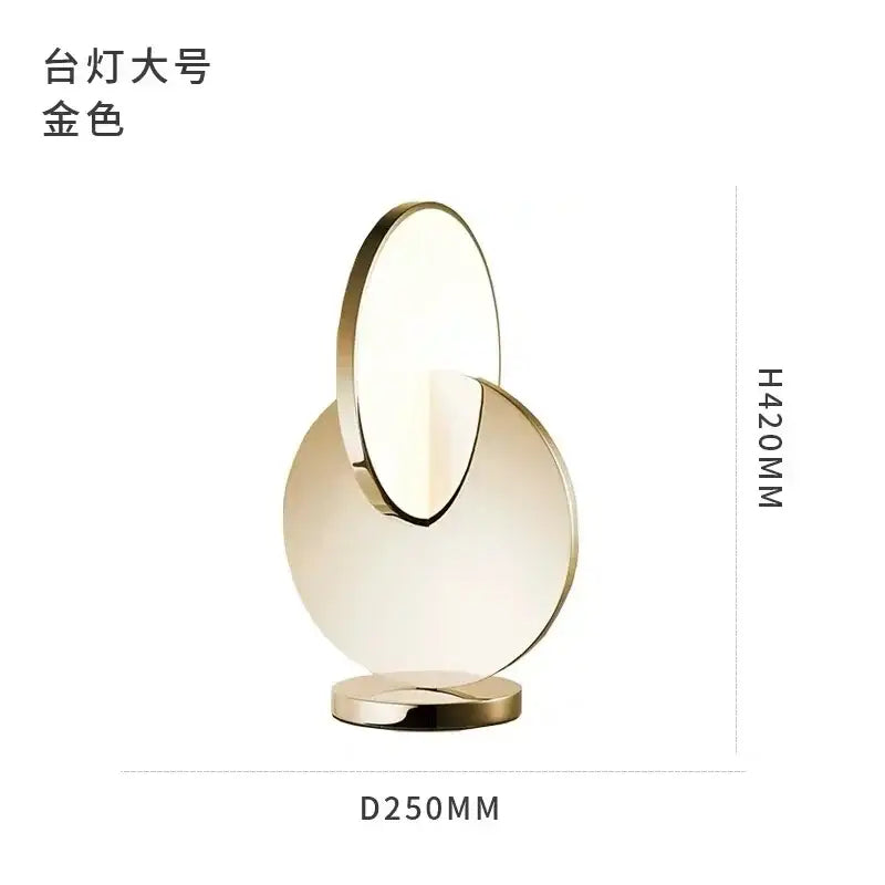 Gold-colored decorbites led pendant light with two overlapping circular glass panels and polished metallic base for home decor