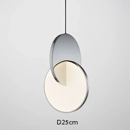 Modern minimalist decorbites led pendant light with two overlapping metallic silver and frosted white discs suspended by cord