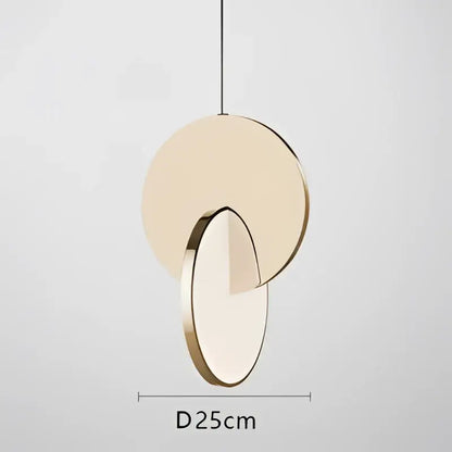 Modern minimalist pendant light with overlapping beige matte and polished gold discs from DecorBites led pendant