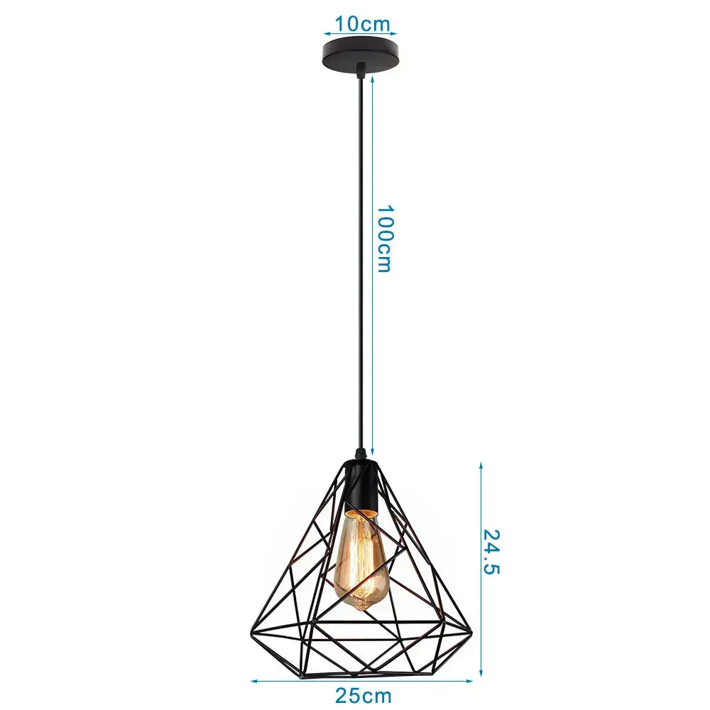 Black metal geometric pendant light with diamond-shaped cage and exposed filament bulb in decorbites led pendant series