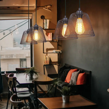Industrial-style decorbites led pendant lights with black metal mesh shades and exposed filament bulbs for ceilings