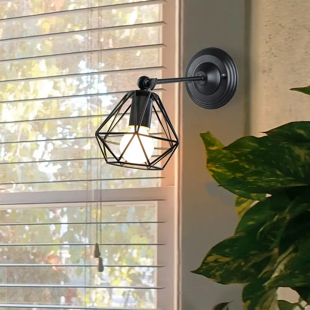 Black geometric wireframe led pendant light with warm glowing bulb for vintage loft home living room decor