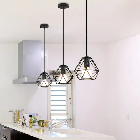 Three black geometric led pendant lights with vintage loft design for home living room kitchen decor by DecorBites