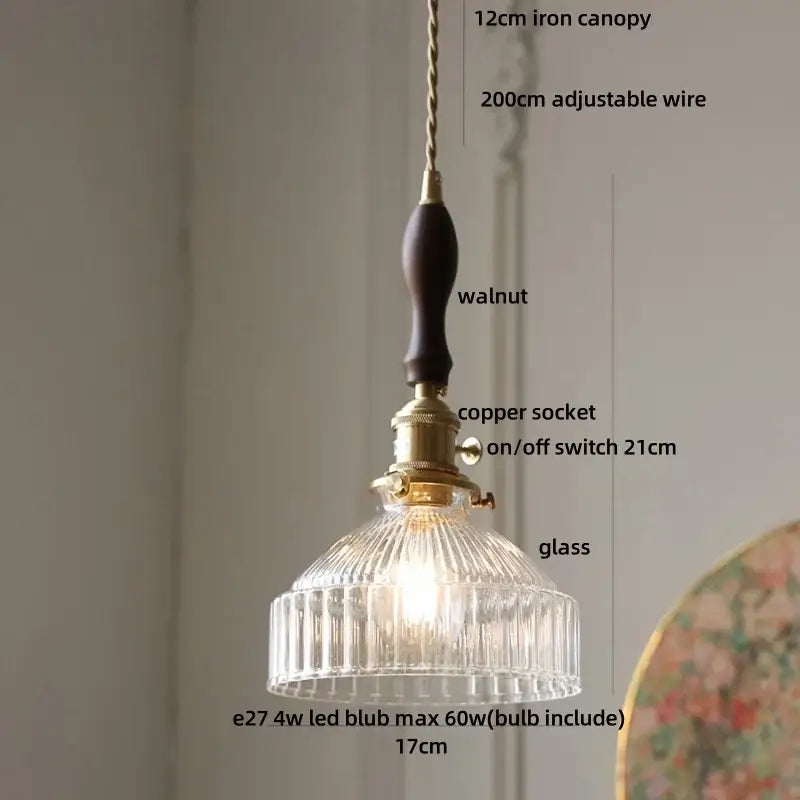 DecorBites led pendant light with clear ribbed glass shade brass copper socket and dark walnut wooden handle for modern decor