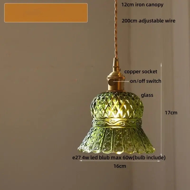 Decorbites led pendant light featuring green patterned glass with brass copper socket and adjustable wire for home decor