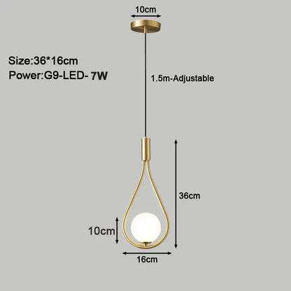 Gold-toned teardrop decorbites led pendant light with frosted glass globe and adjustable chain for modern interiors