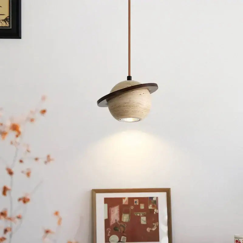 Beige stone globe pendant light with dark wood ring and copper rod from decorbites led pendant lights collection