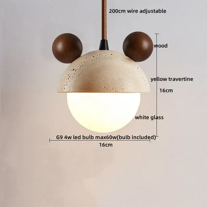 A decorbites led pendant light with a yellow travertine dome, dark wood ears, and a glowing white glass globe