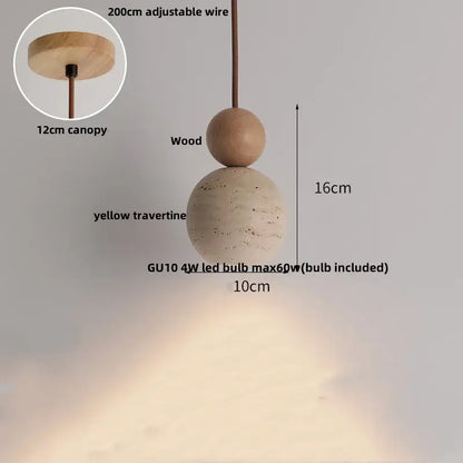 Minimalist DecorBites led pendant light with natural wood and textured yellow travertine spheres for home decor