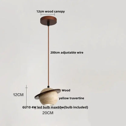 Decorbites led pendant lights featuring a rustic yellow stone globe with wood canopy and adjustable copper wire