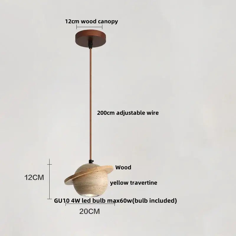 Rustic decorbites led pendant light with yellow travertine stone globe wood ring and adjustable copper wire canopy