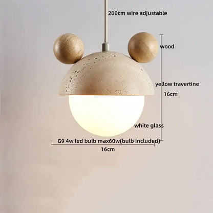 DecorBites led pendant lights featuring a yellow travertine dome wood accents and a white glass globe in minimalist style