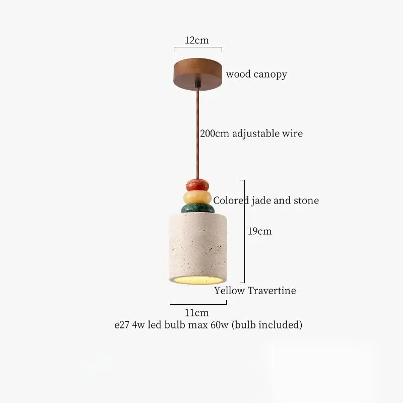 DecorBites led pendant light with wooden canopy, adjustable wire, colorful jade accents, and yellow travertine shade