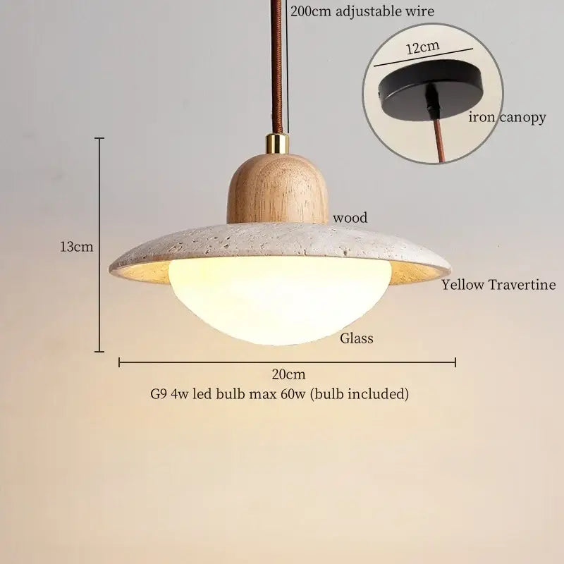 Decorbites led pendant lights featuring a yellow travertine shade, wooden top, and gold metal accents for bedroom lighting