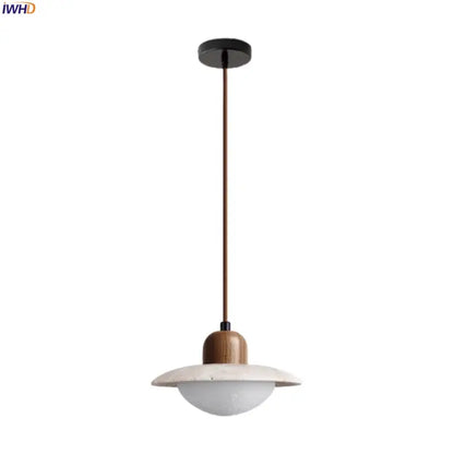 Decorbites led pendant lights with matte black mount bronze rod and wooden accent supporting off-white frosted glass shade