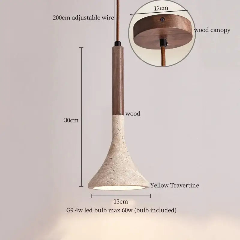DecorBites led pendant lights with yellow travertine shade and wooden stem hanging by adjustable wire for dining room