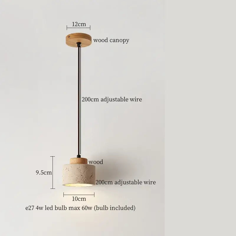 Minimalist DecorBites led pendant light with yellow travertine wood canopy and concrete shade suspended by adjustable black wire