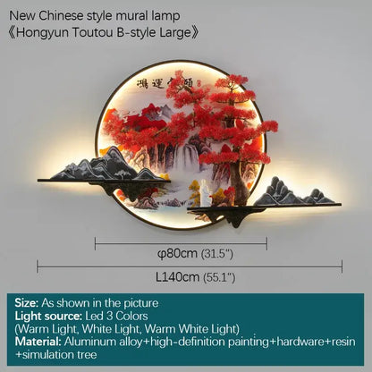 Circular decorbites led pine landscape wall light featuring vibrant red tree misty mountains on aluminum alloy frame